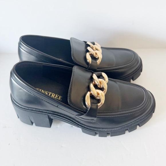 TINSTREE Platform Black Loafers Chain Sz 7 Chunky Heel Slip On Round Toe Shoes - Picture 7 of 14